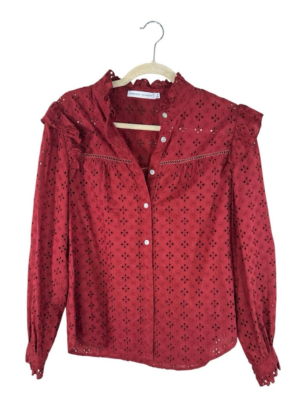 Rebecca Minkoff Red Eyelet Ruffled Blouse Womens M Girly Coquette Button Down